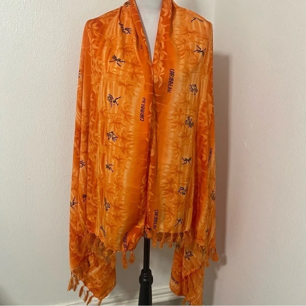 Boho Jamaican Reggae Caribbean Dancer Print All Over Orange Shawl/Scarf/Wrap EUC